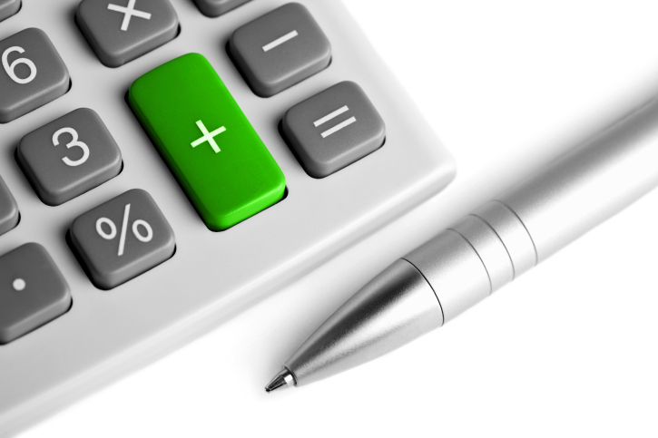 calculator and pen. plus button colored green